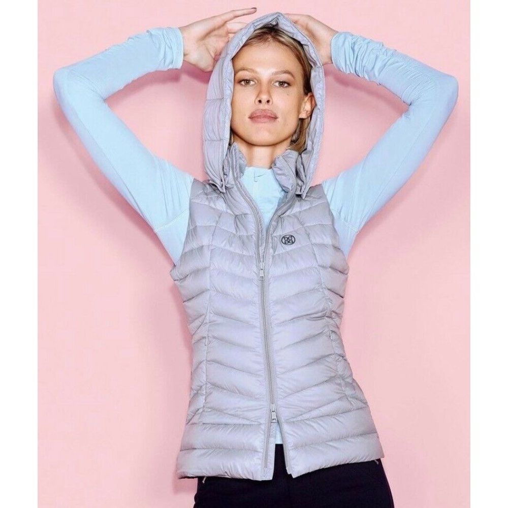 G/Fore Down Hooded Puffer Vest Pewter Grey Womens Golf Size Large NEW